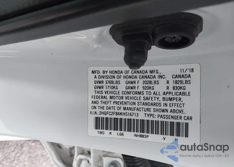 2019 Honda Civic Sport из США, поврежденный, VIN 2HGFC2F84KH516713